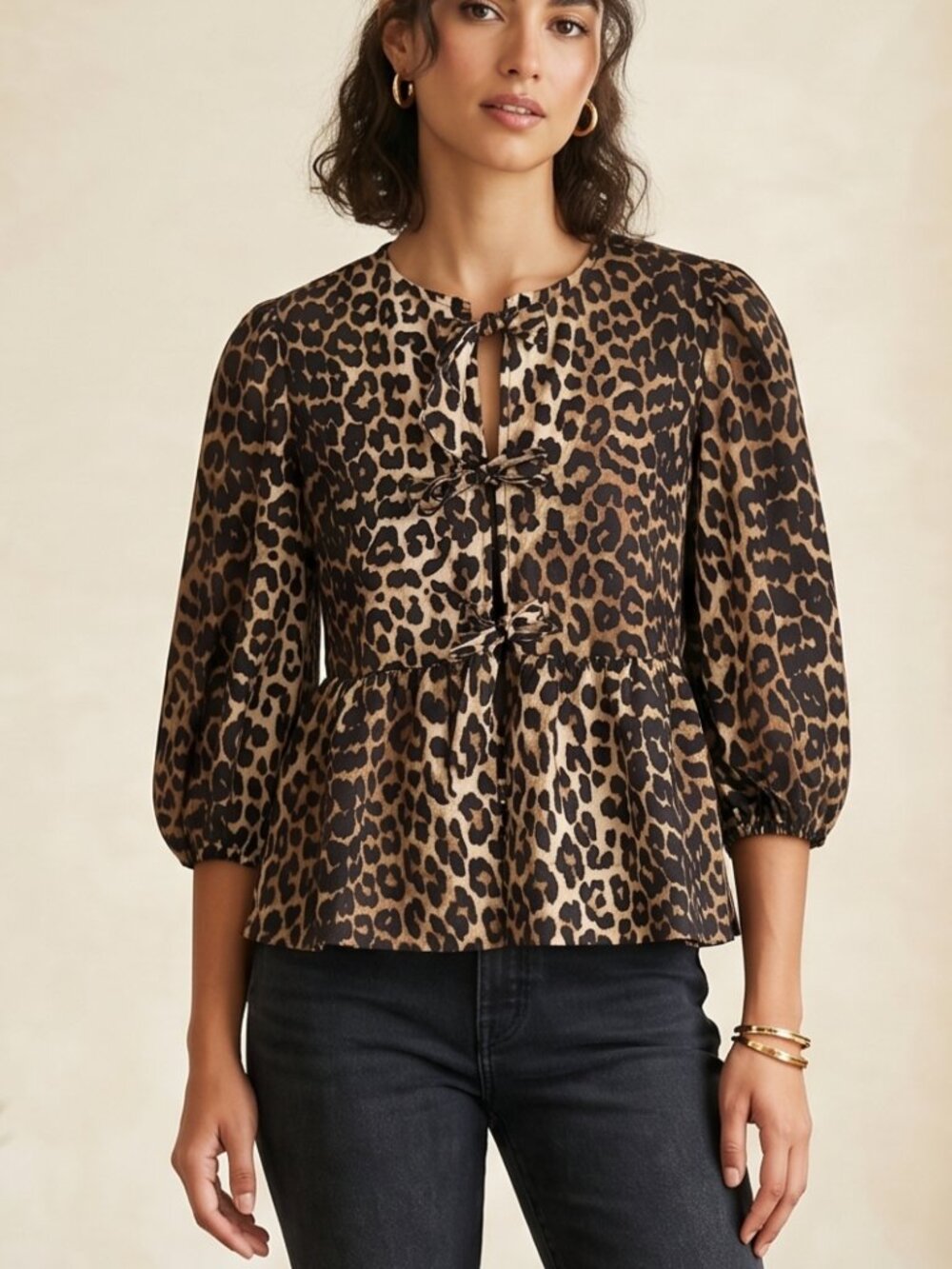 NWOT | Leopard Print | Triple Tie-Front Peplum Top | X-Small